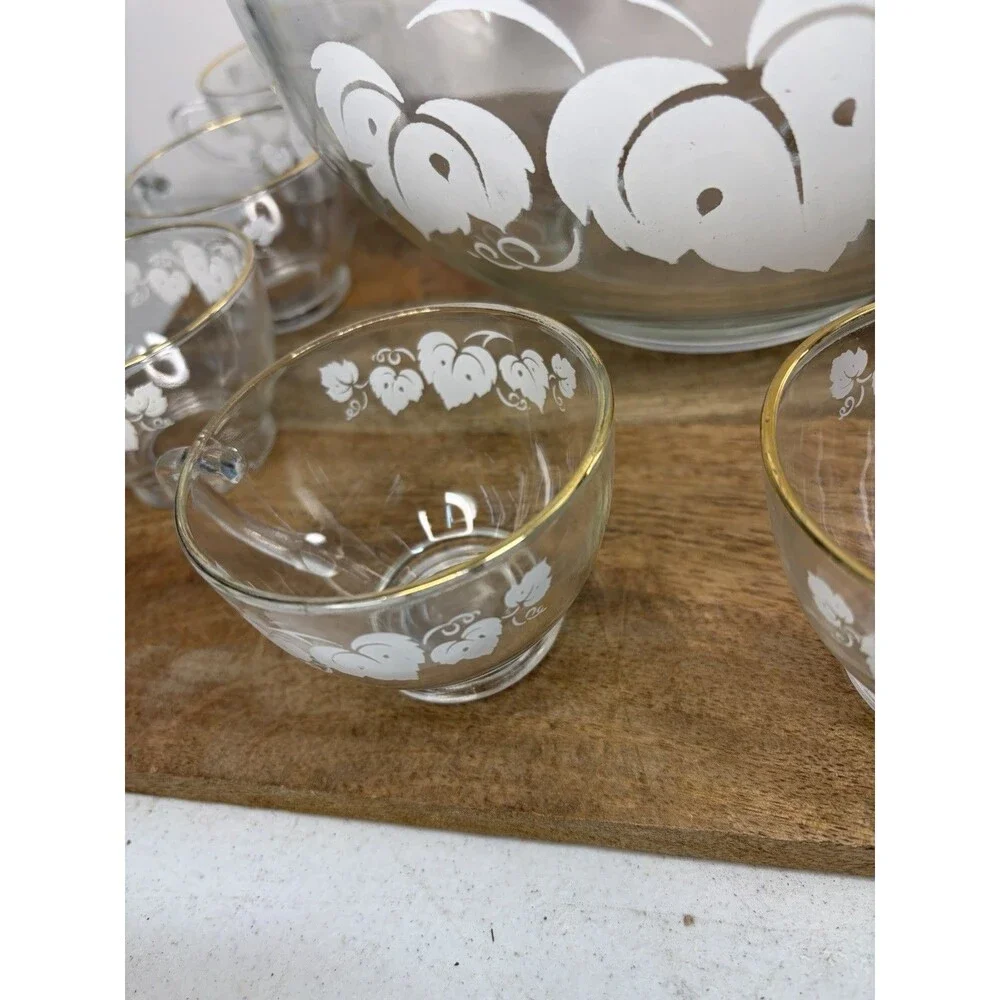 Vintage Anchor Hocking Glass Punch Bowl Grape Leaves Silver Rimmed 9 Piece